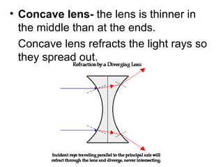 Concave lens- the lens is thinner in the middle than at the ends. Concave lens refracts the light rays so they spread out.