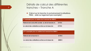 Détails de calcul des différentes
tranches – Tranche A
 Calcul sur la tranche A exclusivement (cotisations
FNAL - aide au logement par exemple) :
Réussite Formation Conseil
6
1er exemple pour un salaire brut mensuel de 4000 €
Plafond de la sécurité sociale ou de la tranche A : 3170 €
Le calcul des cotisations se fera sur la base de : 3170 €
2ème exemple pour un salaire brut mensuel de 2000 €
Plafond de la tranche A : 3170 €
Le calcul des cotisations se fera sur la base de : 2000 €
 
