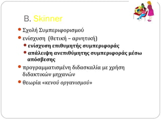 B. Skinner
Σχολή Συμπεριφορισμού
ενίσχυση (θετική – αρνητική)
ενίσχυση επιθυμητής συμπεριφοράς
απάλειψη ανεπιθύμητης συμπεριφοράς μέσω
απόσβεσης
προγραμματισμένη διδασκαλία με χρήση
διδακτικών μηχανών
θεωρία «κενού οργανισμού»
 
