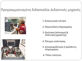 Προγραμματισμένη διδασκαλία Διδακτικές μηχανές
1. Εισαγωγική ενότητα
2. Παρουσίαση πληροφορίας
3. Ερώτηση (σύστημα) &
Απάντηση (χρήστης)
4. Έλεγχος απάντησης
5. Ανατροφοδότηση ή πρόσθετες
πληροφορίες
6. Τέλος ενότητας
 