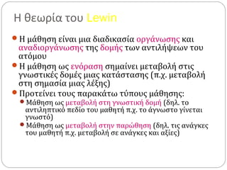 Η θεωρία του Lewin
Η μάθηση είναι μια διαδικασία οργάνωσης και
αναδιοργάνωσης της δομής των αντιλήψεων του
ατόμου
Η μάθηση ως ενόραση σημαίνει μεταβολή στις
γνωστικές δομές μιας κατάστασης (π.χ. μεταβολή
στη σημασία μιας λέξης)
Προτείνει τους παρακάτω τύπους μάθησης:
Μάθηση ως μεταβολή στη γνωστική δομή (δηλ. το
αντιληπτικό πεδίο του μαθητή π.χ. το άγνωστο γίνεται
γνωστό)
Μάθηση ως μεταβολή στην παρώθηση (δηλ. τις ανάγκες
του μαθητή π.χ. μεταβολή σε ανάγκες και αξίες)
 