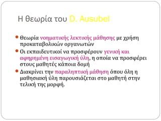 Η θεωρία του D. Ausubel
Θεωρία νοηματικής λεκτικής μάθησης με χρήση
προκαταβολικών οργανωτών
Οι εκπαιδευτικοί να προσφέρουν γενική και
αφηρημένη εισαγωγική ύλη, η οποία να προσφέρει
στους μαθητές κάποια δομή
Διακρίνει την παραληπτική μάθηση όπου όλη η
μαθησιακή ύλη παρουσιάζεται στο μαθητή στην
τελική της μορφή.
 