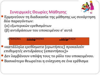 Συνειρμικές Θεωρίες Μάθησης
Ερμηνεύουν τη διαδικασία της μάθησης ως συνάρτηση
δύο παραγόντων:
(α) εξωτερικών ερεθισμάτων
(β) αντιδράσεων του υποκειμένου σ’ αυτά
ΕΡΕΘΙΣΜΑ ΥΠΟΚΕΙΜΕΝΟ ΑΝΤΙΔΡΑΣΗ
«κατάλληλα ερεθίσματα (ερωτήσεις) προκαλούν
επιθυμητές αντιδράσεις (απαντήσεις)»
Δεν λαμβάνουν υπόψη τους το ρόλο του υποκειμένου.
Βασικότερο θεωρείται η ενίσχυση σε ένα ερέθισμα
 