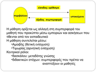 περιβάλλον υποκείμενο
είσοδος: ερέθισμα
έξοδος: συμπεριφορά
H μάθηση ορίζεται ως αλλαγή στη συμπεριφορά του
μαθητή που προκύπτει μέσω εμπειριών και ασκήσεων που
τίθενται από τον εκπαιδευτικό
Η μάθηση συντελείται μέσω:
•Αμοιβής (θετική ενίσχυση)
•Τιμωρίας (αρνητική ενίσχυση)
Κεντρικοί ρόλοι:
•δασκάλου: μεταδότης γνώσης
•διδακτικών στόχων: συμπεριφορές που πρέπει να
αναπτύξουν οι μαθητές
 