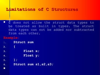 Limitations of C Structures

  C does not allow the struct data types to
   be treated as built in types. The struct
   data types can not be added nor subtracted
   from each other.
Example:
1.    Struct sum
2.    {
3.         Float x;
4.         Float y;
5.    };
6.    Struct sum s1,s2,s3;

 