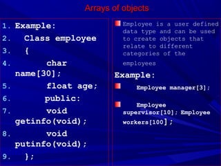 Arrays of objects

1. Example:                 Employee is a user defined
                            data type and can be used
2.     Class employee       to create objects that
                            relate to different
3.     {                    categories of the
4.         char             employees
     name[30];           Example:
5.         float age;          Employee manager[3];
6.         public:
                                Employee
7.         void             supervisor[10]; Employee
     getinfo(void);         workers[100];
8.         void
     putinfo(void);
9.     };
 