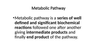 Metabolic Pathway
•Metabolic pathway is a series of well
defined and significant biochemical
reactions followed one after another
giving intermediate products and
finally end product of the pathway.
 