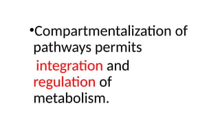 •Compartmentalization of
pathways permits
integration and
regulation of
metabolism.
 