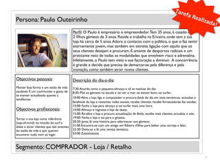 Tare
                                                                                                                               fa	
  R
Persona: Paulo Outeirinho                                                                                                             ealiz
                                                                                                                                              ada!
                                                                                                                                                  	
  
                                          Perﬁl: O Paulo é empresário e empreendedor. Tem 35 anos, é casado e tem
                                          2 ﬁlhos gémeos de 3 anos. Reside e trabalha na Ericeira, onde tem a sua
                                          loja há cerca de 5 anos. Adora o contacto com o público, o que o faz sentir
                                          eternamente jovem, mas também em estreita ligação com aquilo que os
             (Foto)                       seus clientes desejam e procuram. É amante de desportos radicais e um
                                          praticante nato de todas as modalidades que envolvem risco e adrenalina.
                                          Infelizmente, o Paulo tem visto a sua facturação a diminuir. A concorrência
                                          é grande e decide que precisa de demarcar-se pela diferença e pela
                                          inovação, como também atrair novos clientes.

Objectivos pessoais:                      Descrição do dia-a-dia:
Manter boa forma e um estilo de vida      7:30: Acorda, toma o pequeno-almoço e vê as notícias do dia;
saudável. É um cool-hunter e gosta de     8:30: Põe os gémeos na escola e vai ver o mar; se estiver bom, vai surfar;
se manter actualizado quanto a
                                          10:00: Abre a loja; liga o computador e procura feeds do dia em sites temáticos; actualiza o
tendências.
                                          facebook da loja e restantes redes sociais; recebe clientes; recebe fornecedores; faz vendas;
                                          13:00: Fecha a loja para almoço e vai surfar mais uma hora;
Objectivos proﬁssionais:                  14:00: Almoça e regressa à loja de skate;
                                          15:00: Re-abre a loja e procura actualização de feeds; recebe mais clientes; actualiza o site;
Tornar a sua loja numa referência         19:00: Fecha a loja e vai para o ginásio;
(top-of-mind) no mundo do surf e          20:20: Janta; lê uma história para adormecer aos gémeos;
skate e atrair clientes que são amantes   21:00 Encontra-se com um amigo em Ribeira d’Ilhas para beber uma cerveja e falar;
do estilo de vida e que querem            22:30: Deita-se e lê uma revista temática;
encontrar tudo num só lugar.              23:00 Zzzzzzzzzzzz.



Segmento: COMPRADOR - Loja / Retalho
                                                                                                                                           7	
  
 