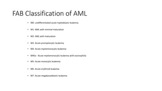 FAB Classification of AML
• M0- undifferentiated acute myeloblastic leukemia
• M1 -AML with minimal maturation
• M2- AML with maturation
• M3 -Acute promyelocytic leukemia
• M4- Acute myelomonocytic leukemia
• M4Eo - Acute myelomonocytic leukemia with eosinophilia
• M5- Acute monocytic leukemia
• M6 -Acute erythroid leukemia
• M7 -Acute megakaryoblastic leukemia
 
