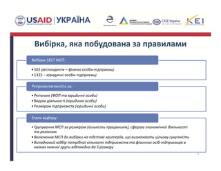 Вибірка, яка побудована за правилами
5
•502 респонденти – фізичні особи‐підприємці 
•1325 – юридичні особи‐підприємці
Вибірка 1827 МСП:
•Регіоном (ФОП та юридичні особи)
•Видом діяльності (юридичні особи)
•Розміром підприємств (юридичні особи)
Репрезентативність за:
•Групування МСП за розміром (кількість працівників), сферою економічної діяльності 
та регіоном
•Включення МСП до вибірки на підставі критеріїв, що визначають цільову сукупність
•Випадковий відбір потрібної кількості підприємств та фізичних осіб‐підприємців в 
межах кожної групи відповідно до її розміру
Етапи відбору:
 