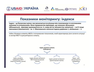 Показники моніторингу: індекси
Індекс – це балансова оцінка, яка визначається як різниця між позитивними та негативними 
оцінками та очікуваннями. Коли підприємство відповідає, що показник збільшився 
(збільшиться),  відповіді зараховуються як +1, якщо він не змінився (не зміниться) — як 0 і якщо 
зменшився (зменшиться) – як ‐1. Максимальне значення індексу дорівнює 1, мінімальне – ‐1.
Індекс ділового клімату ABCA є інтегрованим показником, який характеризує різні аспекти ситуації 
в секторі МСП та регуляторного клімату.
6
Індекс ділового клімату 
(субіндекси)
Індекс ділового 
середовища МСП 
(короткострокові оцінки)
Індекс ділової активності 
МСП (короткострокові 
оцінки)
Індекс ділової активності 
(довгострокові оцінки)
Індекс  змін 
регуляторного 
середовища
 