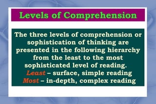 Levels of Comprehension The three levels of comprehension or sophistication of thinking are presented in the following hierarchy from the least to the most sophisticated level of reading.  ,[object Object]