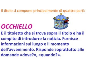 Il titolo si compone principalmente di quattro parti:   OCCHIELLO È il titoletto che si trova sopra il titolo e ha il compito di introdurre la notizia. Fornisce informazioni sul luogo e il momento dell'avvenimento. Risponde soprattutto alle domande «dove?», «quando?». 