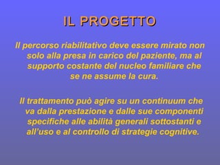 Il percorso riabilitativo deve essere mirato non
solo alla presa in carico del paziente, ma al
supporto costante del nucleo familiare che
se ne assume la cura.
Il trattamento può agire su un continuum che
va dalla prestazione e dalle sue componenti
specifiche alle abilità generali sottostanti e
all’uso e al controllo di strategie cognitive.
IL PROGETTOIL PROGETTO
 