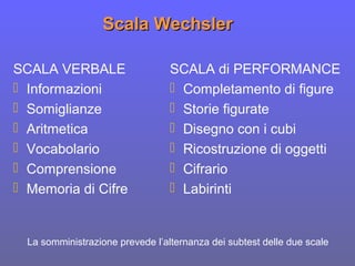 SCALA VERBALE
 Informazioni
 Somiglianze
 Aritmetica
 Vocabolario
 Comprensione
 Memoria di Cifre
SCALA di PERFORMANCE
 Completamento di figure
 Storie figurate
 Disegno con i cubi
 Ricostruzione di oggetti
 Cifrario
 Labirinti
La somministrazione prevede l’alternanza dei subtest delle due scale
Scala WechslerScala Wechsler
 