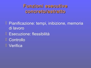 Funzioni esecutiveFunzioni esecutive
concreto/astrattoconcreto/astratto
 Pianificazione: tempi, inibizione, memoria
di lavoro
 Esecuzione: flessibilità
 Controllo
 Verifica
 