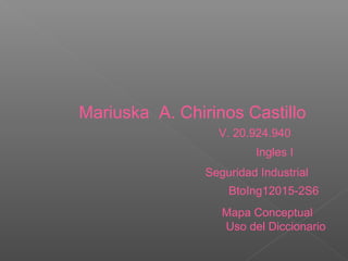 Mariuska A. Chirinos Castillo
V. 20.924.940
Ingles I
Seguridad Industrial
BtoIng12015-2S6
Mapa Conceptual
Uso del Diccionario
 