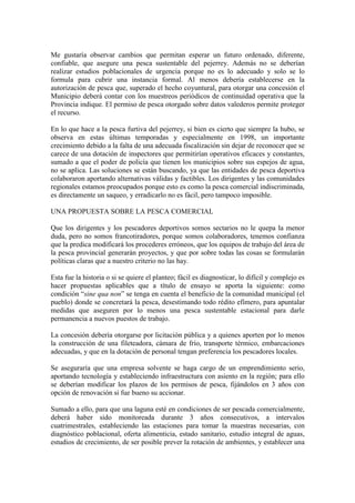 Me gustaría observar cambios que permitan esperar un futuro ordenado, diferente,
confiable, que asegure una pesca sustentable del pejerrey. Además no se deberían
realizar estudios poblacionales de urgencia porque no es lo adecuado y solo se lo
formula para cubrir una instancia formal. Al menos debería establecerse en la
autorización de pesca que, superado el hecho coyuntural, para otorgar una concesión el
Municipio deberá contar con los muestreos periódicos de continuidad operativa que la
Provincia indique. El permiso de pesca otorgado sobre datos valederos permite proteger
el recurso.
En lo que hace a la pesca furtiva del pejerrey, si bien es cierto que siempre la hubo, se
observa en estas últimas temporadas y especialmente en 1998, un importante
crecimiento debido a la falta de una adecuada fiscalización sin dejar de reconocer que se
carece de una dotación de inspectores que permitirían operativos eficaces y constantes,
sumado a que el poder de policía que tienen los municipios sobre sus espejos de agua,
no se aplica. Las soluciones se están buscando, ya que las entidades de pesca deportiva
colaboraron aportando alternativas válidas y factibles. Los dirigentes y las comunidades
regionales estamos preocupados porque esto es como la pesca comercial indiscriminada,
es directamente un saqueo, y erradicarlo no es fácil, pero tampoco imposible.
UNA PROPUESTA SOBRE LA PESCA COMERCIAL
Que los dirigentes y los pescadores deportivos somos sectarios no le quepa la menor
duda, pero no somos francotiradores, porque somos colaboradores, tenemos confianza
que la predica modificará los procederes erróneos, que los equipos de trabajo del área de
la pesca provincial generarán proyectos, y que por sobre todas las cosas se formularán
políticas claras que a nuestro criterio no las hay.
Esta fue la historia o si se quiere el planteo; fácil es diagnosticar, lo difícil y complejo es
hacer propuestas aplicables que a título de ensayo se aporta la siguiente: como
condición “sine qua non” se tenga en cuenta el beneficio de la comunidad municipal (el
pueblo) donde se concretará la pesca, desestimando todo rédito efímero, para apuntalar
medidas que aseguren por lo menos una pesca sustentable estacional para darle
permanencia a nuevos puestos de trabajo.
La concesión debería otorgarse por licitación pública y a quienes aporten por lo menos
la construcción de una fileteadora, cámara de frío, transporte térmico, embarcaciones
adecuadas, y que en la dotación de personal tengan preferencia los pescadores locales.
Se aseguraría que una empresa solvente se haga cargo de un emprendimiento serio,
aportando tecnología y estableciendo infraestructura con asiento en la región; para ello
se deberían modificar los plazos de los permisos de pesca, fijándolos en 3 años con
opción de renovación si fue bueno su accionar.
Sumado a ello, para que una laguna esté en condiciones de ser pescada comercialmente,
deberá haber sido monitoreada durante 3 años consecutivos, a intervalos
cuatrimestrales, estableciendo las estaciones para tomar la muestras necesarias, con
diagnóstico poblacional, oferta alimenticia, estado sanitario, estudio integral de aguas,
estudios de crecimiento, de ser posible prever la rotación de ambientes, y establecer una
 