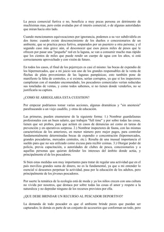 La pesca comercial furtiva o no, beneficia a muy pocas persona en detrimento de
muchísimas mas, pero están avaladas por el interés comercial, o de algunas autoridades
que miran hacia otro lado.
Cuando mencionamos equivocaciones por ignorancia, podemos a su vez subdividirla en
dos ítems: cuando existe desconocimiento de los dueños o concesionarios de un
ambiente, que se practica pesca furtiva, amparados por un puestero u otra persona; y el
segundo caso más grave aún, al desconocer que esos pocos miles de pesos que le
ofrecen por pasar una "pequeña" red en la laguna, se van a consumir mucho mas rápido
que los cientos de miles que puede rendir un cuerpo de agua con los años, si está
correctamente aprovechado y con visión de futuro.
En todos los casos, el final de los pejerreyes es casi el mismo: las bocas de expendio de
los hipermercados, que a mi juicio son uno de los grandes responsables de la venta de
flechas de plata provenientes de las lagunas pampásicas; esto también pone de
manifiesto la falta de controles, o si existen, serían corruptos, ya que si los inspectores
cumplieran con el mandato encomendado, los pescadores comerciales verían reducidas
sus toneladas de ventas, y como todos sabemos, si no tienen donde venderlos, no se
justificaría su captura.
¿COMO SE ARREGLARIA ESTA CUESTION?
Por empezar podríamos tomar varias acciones, algunas dramáticas y "sin anestesia"
parafraseando a un viejo caudillo, y otras de educación.
Las primeras, pueden enumerarse de la siguiente forma: 1.) Nombrar guardafaunas
profesionales con un buen salario, que trabajen "full time" y por sobre todas las cosas,
tienen que ser probos, para que actúen en casos de denuncias así como en tareas de
prevención y en operativos sorpresa. 2.) Nombrar inspectores de fauna, con las mismas
características de los anteriores, en menor número pero mejor pagos, para controlar
fundamentalmente determinadas bocas de expendio o concentración (hipermercados,
grandes pescaderías, mercados centrales, etc.). Resulta de una inusual importancia el
sueldo para que no sea utilizado como excusa para recibir coimas. 3.) Otorgar poder de
policía, previa capacitación, a autoridades de clubes de pesca, concesionarios y a
aquellas personas que quieran defender los intereses del ámbito donde actúa, y
principalmente el de los pescadores.
Si bien estas medidas son muy importantes para tratar de regular una actividad que en el
país moviliza grandes suma de dinero, no es la fundamental, ya que a mi entender lo
esencial si deseamos perpetuar la actividad, pasa por la educación de los adultos, pero
principalmente de los jóvenes pescadores.
Por suerte la temática de la ecología está de moda y ya los niños crecen con una cultura
no vivida por nosotros, que destaca por sobre todas las cosas el amor y respeto a la
naturaleza y no depredar ninguno de los recursos provistos por ella.
¿QUE DEBE BRINDAR UN RECURSO AL PESCADOR DEPORTIVO?
La demanda de todo pescador es que el ambiente brinde peces que puedan ser
capturados; lo demás es parte de un conjunto de accesorios que conforman un todo, pero
 