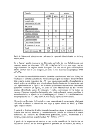 Especie mayo agosto
arr(2) enm. arr(3) enm.
Odontesthes
bonariensis
459 434 428 351
Pimelodella laticeps 2 1
Astyanax
eigenmanniorum
2
Oligosarcus jenynsi 2 10 3
Jenynsia linneata 2
Cyphocharax voga 1 30 25
Cyprinus carpio 3 15
Pimelodus albicans 1
Bryconamericus sp. 1 4
Total 472 474 448 380
Indice diversidad (H) 0.25 0.48 0.30 0.44
Tabla 1. Número de ejemplares de cada especie capturada discriminados por fecha y
arte de pesca.
En la figura 1 puede observarse las diferencias del valor de cpue hallados para cada
muestreo, siendo los mismos de 25,58 y 16,145 kg/batería/20 horas para mayo y agosto
respectivamente. La longitud media de captura con este arte de pesca disminuyó de
181,61 a 174,05 mm de Lstd en agosto, así como el peso medio de los ejemplares: 87,68
y 67,97 g.
Con los datos de numerosidad relativa/ha obtenidos con el arrastre para cada fecha y los
resultados de capturas del enmalle, previa corrección por los modelos de selectividad,
éste pescaría en una proporción de 1,48 veces superior; empleando este coeficiente se
asignó un área a este último arte, obteniendo así la distribución de frecuencias de cada
talla representadas en la figura 2. En la misma puede observarse la menor cantidad de
ejemplares estimados en agosto, así como la clara diferenciación de dos cohortes
anuales, identificadas como de primavera y otoño, corroboradas por la lectura de
escamas. En agosto es posible distinguirlos sólo en ejemplares de menores medidas; la
ausencia del resto se adjudica a la extracción pesquera deportiva. La cantidad estimada
de ejemplares/ha fue 3155,41 y 2097,26 para mayo y agosto respectivamente.
Al transformar los datos de longitud en peso, y conociendo la numerosidad relativa de
cada talla, se obtuvo la biomasa/ha para mayo y agosto, siendo de 88,495 y 67,004
kg/ha respectivamente.
A partir de la distribución de tallas obtenida, fue posible estimar la numerosidad relativa
de cada edad en cada momento, y consecuentemente calcular por diferencia la tasa de
mortalidad. La ecuación de supervivencia poblacional hallada, referenciada a 1
hectárea, sin discriminar las cohortes fue: Nt = 4180,13 e–1,2577 t
A partir de la asignación de edades a cada moda obtenida de la distribución de
frecuencias, avalado por las marcas periódicas presentes en las escamas, se obtuvo el
 