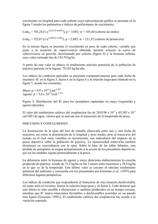 crecimiento en longitud para cada cohorte cuya representación gráfica se presenta en la
figura 3 siendo los parámetros e índices de performance de crecimiento:
Lstd(t) = 703,24 (1-e-0,2637(t-0,0055)
), p = 3,092; w = 185,44 (cohorte de otoño)
Lstd(t) = 522,67 (1-e-0,4047(t+0,086)
), p = 2,883; w = 211,52 (cohorte de primavera)
En la misma figura se presenta el crecimiento en peso de cada cohorte, variable que
junto a la ecuación de supervivencia obtenida, permite conocer la curva de
sobrevivencia en peso/ha, discriminado por cohorte (figura 4) y la biomasa infinita,
cuyo valor estimado fue de 125,79 kg/ha.
A partir de este valor se obtuvo el rendimiento máximo potencial de la población de
pejerrey presente en la laguna: 79,103 kg/ha/año.
Los índices de condición aplicados se presentan comparativamente para cada fecha de
muestreo: IC en la figura 5; factor k en la figura 6 y la relación largo-peso húmedo en la
figura 7, siendo las constantes:
Mayo: p = 9,9 x 10-6
Lstd 3,047
Agosto: p = 5,4 x 10-6
Lstd 3,143
Figura 5. Distribución del IC para los ejemplares capturados en mayo (izquierda) y
agosto (derecha).
El valor del rendimiento calórico del zooplancton fue de 28,0198 x 10-3
y 85,585 x 10-3
cal/100 l de agua, valores que se asocian con el transcurrir de la temporada de pesca.
DISCUSION Y CONCLUSIONES
La disminución de la cpue del tren de enmalle observada entre una y otra fecha de
muestreo, así como la disminución de la longitud y peso medio, pese al transcurso del
tiempo en el cual estas variables se incrementan, son indicadores del impacto de la
pesca deportiva sobre la población de pejerrey. La numerosidad relativa/ha también
disminuyó en concordancia con la cpue. Sobre la base de las tallas faltantes, esta
pérdida de ejemplares se asigna primariamente a la acción de los pescadores deportivos,
por ser las medidas sujetas potencialmente a la pesca.
La diferencia entre la biomasa de agosto y mayo determina indirectamente la cosecha
producida de pejerrey, siendo de 21,5 kg/ha en los 3 meses entre muestreos y 58,8 kg/ha
en lo que va de la temporada. Este último valor es cercano al máximo rendimiento
potencial del ambiente y concuerda con los presentados por Grosman et al., (1997) para
diferentes lagunas pampásicas.
Los índices de condición que respondieron al transcurso de una situación desfavorable,
tal como sería el invierno, fueron la relación largo-peso y el factor k. Cabe destacar que
este último es más sensible a alteraciones o cambios producidos en un tiempo cercano,
mientras que IC marca situaciones favorables o desfavorables ocurridas en un pasado
más lejano (Grosman, 19953). El rendimiento calórico del zooplancton fue acorde a la
variación esperada.
 