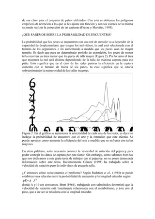 de esa clase para el conjunto de paños utilizados. Con esto se obtienen los polígonos
empíricos de retención a los que se les ajusta una función y con los valores de la misma
se puede realizar la corrección de las capturas (Freyre y Maroñas, 1995).
¿QUE SABEMOS SOBRE LA PROBABILIDAD DE ENCUENTRO?
La probabilidad que los peces se encuentren con una red de enmalle va a depender de la
capacidad de desplazamiento que tengan los individuos, la cual está relacionada con el
tamaño de los organismos e irá aumentando a medida que los peces sean de mayor
tamaño. Es decir que para un determinado período de exposición, los peces de menor
talla recorren un área menor que los peces de talla mayor (Figura 2). Por lo tanto el área
que muestrea la red será distinta dependiendo de la talla de máxima captura para ese
paño. Esto significa que en el caso de las redes pasivas la eficiencia en la captura
aumenta con el tamaño de malla de los paños, lo cual significa que se estaría
sobreestimando la numerosidad de las tallas mayores.
0
1
2
3
4
5
6
0 5
0 1
0
0 1
5
0 2
0
0 2
5
0 3
0
0 3
5
0 4
0
0
lo n g it u d e s t a n d a r
Figura 2. En el gráfico se representa la selectividad de cada una de las redes, es decir se
incluye la probabilidad de encuentro con el arte y la retención que este efectúa. Se
puede apreciar como aumenta la eficiencia del arte a medida que se enfrenta con tallas
mayores.
En otras palabras, sería necesario conocer la velocidad de natación del pejerrey para
poder corregir los datos de captura por este factor. Sin embargo, como sabemos bien los
que nos dedicamos a esta grata tarea de trabajar con el pejerrey, no se posee demasiada
información sobre este tema. Recientemente Gómez (1998) ha trabajado sobre la
velocidad de natación pero de individuos de pequeña talla.
¿Y entonces cómo solucionamos el problema? Según Rudstam et al., (1984) se puede
establecer una relación entre la probabilidad de encuentro y la longitud estándar según:
H
J
A
pE=
donde A y H son constantes. Brett (1964), trabajando con salmónidos determinó que la
velocidad de natación está linealmente relacionada con el metabolismo, y éste con el
peso, que a su vez se relaciona con la longitud estándar.
 