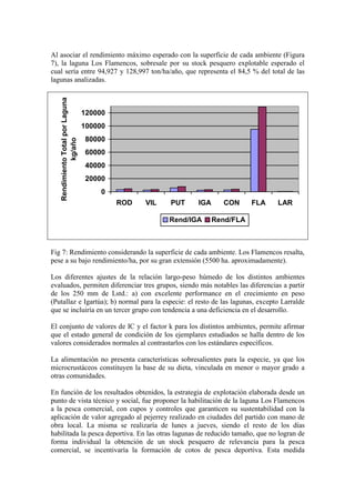 Al asociar el rendimiento máximo esperado con la superficie de cada ambiente (Figura
7), la laguna Los Flamencos, sobresale por su stock pesquero explotable esperado el
cual sería entre 94,927 y 128,997 ton/ha/año, que representa el 84,5 % del total de las
lagunas analizadas.
0
20000
40000
60000
80000
100000
120000
ROD VIL PUT IGA CON FLA LAR
Rendimiento
Total
por
Laguna
kg/año
Rend/IGA Rend/FLA
Fig 7: Rendimiento considerando la superficie de cada ambiente. Los Flamencos resalta,
pese a su bajo rendimiento/ha, por su gran extensión (5500 ha. aproximadamente).
Los diferentes ajustes de la relación largo-peso húmedo de los distintos ambientes
evaluados, permiten diferenciar tres grupos, siendo más notables las diferencias a partir
de los 250 mm de Lstd.: a) con excelente performance en el crecimiento en peso
(Putallaz e Igartúa); b) normal para la especie: el resto de las lagunas, excepto Larralde
que se incluiría en un tercer grupo con tendencia a una deficiencia en el desarrollo.
El conjunto de valores de IC y el factor k para los distintos ambientes, permite afirmar
que el estado general de condición de los ejemplares estudiados se halla dentro de los
valores considerados normales al contrastarlos con los estándares específicos.
La alimentación no presenta características sobresalientes para la especie, ya que los
microcrustáceos constituyen la base de su dieta, vinculada en menor o mayor grado a
otras comunidades.
En función de los resultados obtenidos, la estrategia de explotación elaborada desde un
punto de vista técnico y social, fue proponer la habilitación de la laguna Los Flamencos
a la pesca comercial, con cupos y controles que garanticen su sustentabilidad con la
aplicación de valor agregado al pejerrey realizado en ciudades del partido con mano de
obra local. La misma se realizaría de lunes a jueves, siendo el resto de los días
habilitada la pesca deportiva. En las otras lagunas de reducido tamaño, que no logran de
forma individual la obtención de un stock pesquero de relevancia para la pesca
comercial, se incentivaría la formación de cotos de pesca deportiva. Esta medida
 