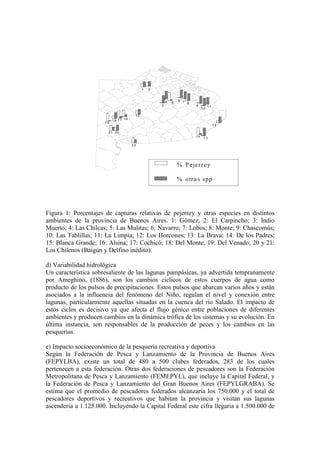 1 2
5
4
3
6 7 8
1 5
9 1 1
1 0
1 2
1 3
1 4
2 2
1 6
1 7
1 8
1 9
2 0
2 1
% Pejerrey
% otras spp
Figura 1: Porcentajes de capturas relativas de pejerrey y otras especies en distintos
ambientes de la provincia de Buenos Aires. 1: Gómez; 2: El Carpincho; 3: Indio
Muerto; 4: Las Chilcas; 5: Las Mulitas; 6: Navarro; 7: Lobos; 8: Monte; 9: Chascomús;
10: Las Tablillas; 11: La Limpia; 12: Los Horcones; 13: La Brava; 14: De los Padres;
15: Blanca Grande; 16: Alsina; 17: Cochicó; 18: Del Monte; 19: Del Venado; 20 y 21:
Los Chilenos (Baigún y Delfino inédito).
d) Variabilidad hidrológica
Un característica sobresaliente de las lagunas pampásicas, ya advertida tempranamente
por Ameghino, (1886), son los cambios cíclicos de estos cuerpos de agua como
producto de los pulsos de precipitaciones. Estos pulsos que abarcan varios años y están
asociados a la influencia del fenómeno del Niño, regulan el nivel y conexión entre
lagunas, particularmente aquellas situadas en la cuenca del río Salado. El impacto de
estos ciclos es decisivo ya que afecta el flujo génico entre poblaciones de diferentes
ambientes y producen cambios en la dinámica trófica de los sistemas y su evolución. En
última instancia, son responsables de la producción de peces y los cambios en las
pesquerías.
e) Impacto socioeconómico de la pesquería recreativa y deportiva
Según la Federación de Pesca y Lanzamiento de la Provincia de Buenos Aires
(FEPYLBA), existe un total de 480 a 500 clubes federados, 283 de los cuales
pertenecen a esta federación. Otras dos federaciones de pescadores son la Federación
Metropolitana de Pesca y Lanzamiento (FEMEPYL), que incluye la Capital Federal, y
la Federación de Pesca y Lanzamiento del Gran Buenos Aires (FEPYLGRABA). Se
estima que el promedio de pescadores federados alcanzaría los 750.000 y el total de
pescadores deportivos y recreativos que habitan la provincia y visitan sus lagunas
ascendería a 1.125.000. Incluyendo la Capital Federal este cifra llegaría a 1.500.000 de
 