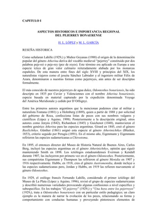 CAPITULO I
ASPECTOS HISTORICOS E IMPORTANCIA REGIONAL
DEL PEJERREY BONAERENSE
H. L. LÓPEZ y M. L. GARCÍA
RESEÑA HISTORICA
Como señalaran Lahille (19291) y Muñoz Goyanas (1988) el origen de la denominación
popular del género Atherina deriva del vocablo medieval “pejerrey” constituido por dos
palabras peje-rei o peje-rey (pez de reyes). Este término era aplicado en Europa a una
especie íctica de gran valor culinario reiteradamente alabada por los monarcas
españoles. De esta manera entre fines del siglo XVIII y principios del XIX, los
naturalistas viajeros como el jesuita Sánchez Labrador y el ingeniero militar Félix de
Azara, denominaron a nuestras formas como pejerreyes, aún antes de ser descriptas
formalmente.
El más conocido de nuestros pejerreyes de agua dulce, Odontesthes bonariensis, ha sido
descripto en 1835 por Cuvier y Valenciennes con el nombre Atherina bonariensis;
especie basada en material capturado por la expedición denominada Voyage
del´América Meridionale y cedido por D´Orbignyi.
Entre los primeros autores argentinos que la mencionan podemos citar al militar y
naturalista Fontana (1881) y a Holmberg (1889), quien a partir de 1888 y por solicitud
del gobierno de Roca, confecciona listas de peces con sus nombres vulgares y
científicos (López y Aquino, 1998). Posteriormente a la descripción original, otros
autores como Jenyns (1842), Richardson (1845) y Guichenot (1848), mantuvieron el
nombre genérico Atherina para las especies argentinas. Girard en 1845, creó el género
Basilichthys. Günther (1861) asignó esta especie al género Atherinichthys (Bleeker,
1853), criterio seguido por Perugia (1891). En el mismo año, Eigenmann y Eigenmann
refirieron las especies sudamericanas a Chirostoma.
En 1895, el entonces director del Museo de Historia Natural de Buenos Aires, Carlos
Berg, incluyó las especies argentinas en el género Atherinichthys, opinión que siguió
manteniendo Smith en 1898. Los ictiólogos estadounidenses Everman y Kendall
durante 1907, las incluyeron por primera vez en el género Odontesthes. Posteriormente,
sus compatriotas Eigenmann y Thompson las refirieron al género Menidia en 1907 y
1916 respectivamente. Hubbs, en 1918, crea el género Austromenidia, donde incluye a
las especies sudamericanas pero, Jordan y Hubbs, en 1919 las refieren nuevamente al
género Odontesthes.
En 1929, el zoólogo francés Fernando Lahille, considerado el primer ictiólogo del
Museo de La Plata (López y Aquino, 1996), revisó el grupo de especies sudamericanas
y describió numerosas variedades provocando algunas confusiones a nivel específico y
subespecífico. En los trabajos “El pejerrey” (19291) y “Una hora entre los pejerreyes”
(19292), trata a Odontesthes bonariensis con un particular estilo pedagógico; un claro
ejemplo es la manera de narrar la evolución de los peces, relacionando su forma y
comportamiento con conductas humanas y proveyendo pintorescos elementos de
 