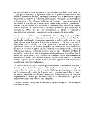 con los usuarios del recurso, organismos de investigación, autoridades municipales, etc.
4) Fijar pautas de manejo y regulación basados en la productividad natural de cada
ambiente, importancia pesquera, estrategias de siembra etc. 5) Desarrollar y aplicar
metodologías de muestreo y evaluación apropiadas que conduzcan a una mejor gestión
de los recursos en los diferentes ambientes. 6) Proponer y presentar proyectos de
investigación y desarrollo que sean necesarios para la región y realizar vinculaciones y
acuerdos con instituciones que posibiliten su implementación. 7) Facilitar y apoyar
aquellos proyectos de investigación y desarrollo presentados por organismos de
investigación, ONGs, etc. que sean considerados de interés. 8) Impulsar el
cumplimiento de las normas y leyes vigentes sobre pesca de especies reguladas.
Por su parte la funciones de la Dirección serán: 1) Supervisar y coordinar
periódicamente las tareas y el funcionamiento de los diferentes distritos. 2) Acordar y
coordinar las metodologías de monitoreo, evaluación y análisis con los distritos con el
fin de obtener bases de datos e información comparable. 3) Ejecutar convenios de
cooperación científico-técnico con otros organismos e instituciones que apoyen e
impulsen las tareas de los distritos pesqueros. 4) Promover la divulgación de los
resultados de las tareas de gestión llevadas a cabo en los diferentes distritos, a través de
publicaciones técnicas, audiencias públicas, talleres, etc. 5) Proponer medidas de
ordenación y gestión de los recursos basado en la información total disponible a nivel de
la cuenca. 6) Interactuar con otros organismos y direcciones provinciales para evaluar el
impacto que el manejo de los recursos hídricos, la planificación urbana y la actividad
ganadera y agrícola ejercen sobre los recursos pesqueros y proponer medidas para el uso
sustentable de los recursos de la cuenca.
Las ventajas de un enfoque de este tipo permitiría avanzar de manera más ejecutiva y
eficiente en la resolución de aspectos conflictivos tales como la fijación de cupos de
pesca, evaluación y mejoramiento de la calidad de las pesquerías, regulación de pesca
con fines ornamentales, definición de pautas para el manejo y/o control de la carpa y
pesca furtiva, evaluar los beneficios de los programas de siembra de pejerrey, establecer
las prioridades y criterios para la conservación de la diversidad íctica a partir del
conocimiento directo de la realidad local o regional.
La Figura 4 presenta un esquema de relaciones y organización para la DPPIM según la
propuesta comentada.
 