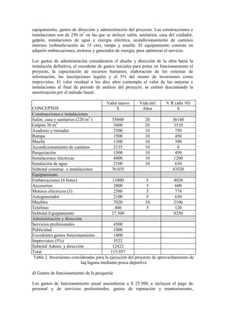 equipamiento, gastos de dirección y administración del proyecto. Las construcciones e
instalaciones son de 250 m2
en las que se incluye salón, sanitarios, casa del cuidador,
galpón, instalaciones de agua y energía eléctrica, acondicionamiento de caminos
internos (sobreelevación de 15 cm), rampa y muelle. El equipamiento consiste en
adquirir embarcaciones, motores y generador de energía, para optimizar el servicio.
Los gastos de administración consideraron el diseño y dirección de la obra hasta la
instalación definitiva, el excedente de gastos iniciales para poner en funcionamiento el
proyecto, la capacitación de recursos humanos, elaboración de los sistemas de
información, las inscripciones legales y el 5% del monto de inversiones como
imprevistos. El valor residual a los diez años contempla el valor de las mejoras e
instalaciones al final de periodo de análisis del proyecto, se estimó descontando la
amortización por el método lineal.
Valor nuevo Vida útil V R (año 10)
CONCEPTOS $ Años $
Construcciones e instalaciones
Salón, casa y sanitarios (220 m2
) 55600 20 36140
Galpón 30 m2
5400 20 3510
Asadores y mesadas 2500 10 750
Rampa 1500 10 450
Muelle 1300 10 390
Acondicionamiento de caminos 2135 10 0
Parquización 1500 10 450
Instalaciones eléctricas 4000 10 1200
Instalación de agua 2100 10 630
Subtotal construc. e instalaciones 76.035 43520
Equipamiento
Embarcaciones (6 botes) 13400 5 4020
Accesorios 2000 5 600
Motores eléctricos (3) 2580 5 774
Autogenerador 2100 5 630
Muebles 7020 10 2106
Teléfono 400 5 120
Subtotal Equipamiento 27.500 8250
Administración y dirección
Servicios profesionales 4500
Publicidad 1000
Excedentes gastos funcionamiento 1400
Imprevistos (5%) 5522
Subtotal Admin. y dirección 12422
Total 115.957
Tabla 2. Inversiones consideradas para la ejecución del proyecto de aprovechamiento de
laq laguna mediante pesca deportiva
d) Gastos de funcionamiento de la pesquería
Los gastos de funcionamiento anual ascendieron a $ 25.500, e incluyen el pago de
personal y de servicios profesionales, gastos de reparación y mantenimiento,
 