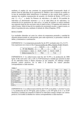 mediante el empleo de una constante de proporcionalidad (comenzando desde el
número final de individuos de la experiencia 6). Debido a que se detectó un cambio en
la tasa de mortalidad debió identificarse el momento en que ocurría dicho cambio y
ajustarse dos modelos exponenciales de acuerdo a la fórmula de Ricker, (1975) en la
cual zt
o
t e
N
N −
= y donde N0=Número de individuos a la edad 0, Nt=cantidad de
individuos en determinado momento t y t es la edad (días) de los individuos. La
estimación de los parámetros de cada curva y el punto de quiebre se realizó mediante
una regresión lineal de dos secciones entre la edad en días y el logaritmo del número de
sobrevivientes. Sobre la base de los modelos de crecimiento en peso y supervivencia, se
obtuvo la producción neta, mediante el método de Allen (Chapman, 1978).
RESULTADOS
Los resultados obtenidos así como los valores de temperatura promedio y cantidad de
alimento proporcionado en cada período, para cada experiencia, se presentan a modo de
tablas y comentarios a continuación:
EXPERIENCIA 1: La temperatura promedio fue de 20°C oscilando entre 18 y 21,5°C.
Esta experiencia tuvo inicio el día 23 de noviembre de 1996 y finalizó 30 días después.
Lote A Lote B
N° ind. Muestra 30 30
Lst (mm) ± 1 desv. 16,56 ± 0,35 16,16 ± 0,48
Sobrevivencia (%) 79,6 71,6
EXPERIENCIA 2: La sobrevivencia total fue del 32,78% y la producción de 2000
kg/ha. El IK varió entre 1,02 y 1,60. La TCIP disminuyó a medida que aumentó la edad
de los individuos hasta el último muestreo en que aumentó, sin embargo siempre
presentó valores positivos. En la tabla 2 se detallan los valores parciales
correspondientes a cada muestreo.
Tabla 2
Mes Enero Febrero Marzo Abril Mayo
T° Promedio en °C 24,2 20,9 18,8 16,8 15,37
Alim.entregado (g) 642 1463 1995 1885 1260
Día de muestreo 14/1/97 14/2/97 17/3/97 16/4/97 20/5/97
Edad (días) 63 93 124 154 188
Lst (cm) ± 1 desv. 3,43 ± 0,09 5,06 ± 0,16 6,00 ± 0,21 6,74 ± 0,27 8,76 ± 0,32
Peso (g) ± 1 desv. 0,41 ± 0,04 1,44 ± 0,11 2,81 ± 0,26 4,89 ± 0,62 10,3 ± 1,10
N° de ejemplares 23 20 20 20 20
N° de sobrevivientes 858 - 496 - 238
I. K. 1,02 1,11 1,30 1,60 1,53
TCIP % 4,05 2,16 1,85 2,19
EXPERIENCIA 3: La sobrevivencia total fue del 57,9% en la pileta 1 y de 65,6 % en la
2. La producción fue de 239 kg/ha, para la pileta 1 y de 258 kg/ha en la 2. La TCIP
disminuyó a medida que aumentó la edad de los individuos aunque siempre con valores
positivos. En la tabla se detallan los valores correspondientes a cada muestreo.
 