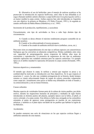 B- Alternativa al uso de herbicidas: para el manejo de malezas acuáticas se ha
promovido la introducción de especies herbívoras, entre ellas la mas difundida es el
sogyo (llamado también salmón siberiano o carpa herbívora) Ctenopharingodon idella y
en menor medida la carpa común. Ambas especies han sido introducidas en Argentina
con este objetivo; la primera en Mendoza y El Delta (Toscani, 1991) y la segunda en
canales artificiales de Bahía Blanca (Sidorkewcy et al., 1995)
Incremento de la producción, repoblamiento, y acuicultura
Frecuentemente, este tipo de actividades se lleva a cabo bajo distinto tipo de
circunstancias:
A- Cuando se desea obtener el máximo rendimiento pesquero sostenible de un
ambiente acuático.
B- Cuando se ha sobreexplotado el recurso pesquero.
C- Cuando se ha creado un ambiente artificial nuevo (embalses, cavas, etc.).
Para tener éxito en emprendimientos de este tipo se utilizan especies con características
biológicas que las convierten en altamente competitivas; Dichas cualidades entre otras
son: capacidad de autopropagación, pocas exigencias de hábitat, altas tasas de
crecimiento y reproducción. La presencia de organismos de este tipo en ambientes
naturales representa una verdadera amenaza para las especies autóctonas. Un ejemplo
típico en el ámbito mundial lo representa obviamente la carpa común (Fernando, 1991;
19932).
Intereses deportivos y ornamentales
El tamaño que alcanza la carpa, la sutileza y astucia que requiere su pesca y su
combatividad ha motivado su introducción con fines deportivos. En lo que respecta al
acuarismo C. carpio, ha sido una verdadera protagonista de su historia, desde tiempos
remotos se vienen seleccionando linajes de carpas de colores conocidas vulgarmente
como carpa koi. Actualmente estos peces se hallan muy difundidos en todo el mundo y
su comercialización y cría no tienen fronteras.
Causas culturales
Muchas especies de vertebrados forman parte de la cultura de ciertos pueblos, por dicho
motivo, durante las migraciones humanas de principios y mediados de siglo fueron
introducidas en distintos puntos del planeta, ejemplos típicos son la liebre, el jabalí, el
ciervo colorado y la carpa común. Esta última se halla muy arraigada en las costumbres
orientales al punto de aparecer como protagonista en muchas de sus expresiones
artísticas, y también es el plato típico navideño de los pueblos que habitan la región de
los Balcanes.
Accidentales
Se pueden enumerar una serie de situaciones en las que especies exóticas llegan a
ambientes naturales de esta manera.
 