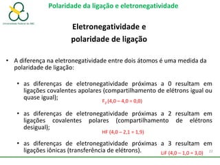 Polaridade da ligação e eletronegatividade
Eletronegatividade e
polaridade de ligação
• A diferença na eletronegatividade entre dois átomos é uma medida da
polaridade de ligação:
• as diferenças de eletronegatividade próximas a 0 resultam em
ligações covalentes apolares (compartilhamento de elétrons igual ou
quase igual);
• as diferenças de eletronegatividade próximas a 2 resultam em
ligações covalentes polares (compartilhamento de elétrons
desigual);
• as diferenças de eletronegatividade próximas a 3 resultam em
ligações iônicas (transferência de elétrons).
F2 (4,0 – 4,0 = 0,0)
HF (4,0 – 2,1 = 1,9)
LiF (4,0 – 1,0 = 3,0) 22
 