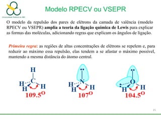 Modelo RPECV ou VSEPR
O modelo da repulsão dos pares de elétrons da camada de valência (modelo
RPECV ou VSEPR) amplia a teoria da ligação química de Lewis para explicar
as formas das moléculas, adicionando regras que explicam os ângulos de ligação.
Primeira regra: as regiões de altas concentrações de elétrons se repelem e, para
reduzir ao máximo essa repulsão, elas tendem a se afastar o máximo possível,
mantendo a mesma distância do átomo central.
25
 