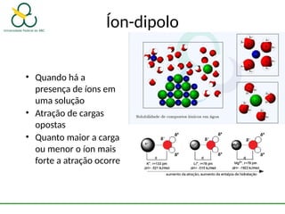 Íon-dipolo
• Quando há a
presença de íons em
uma solução
• Atração de cargas
opostas
• Quanto maior a carga
ou menor o íon mais
forte a atração ocorre
 