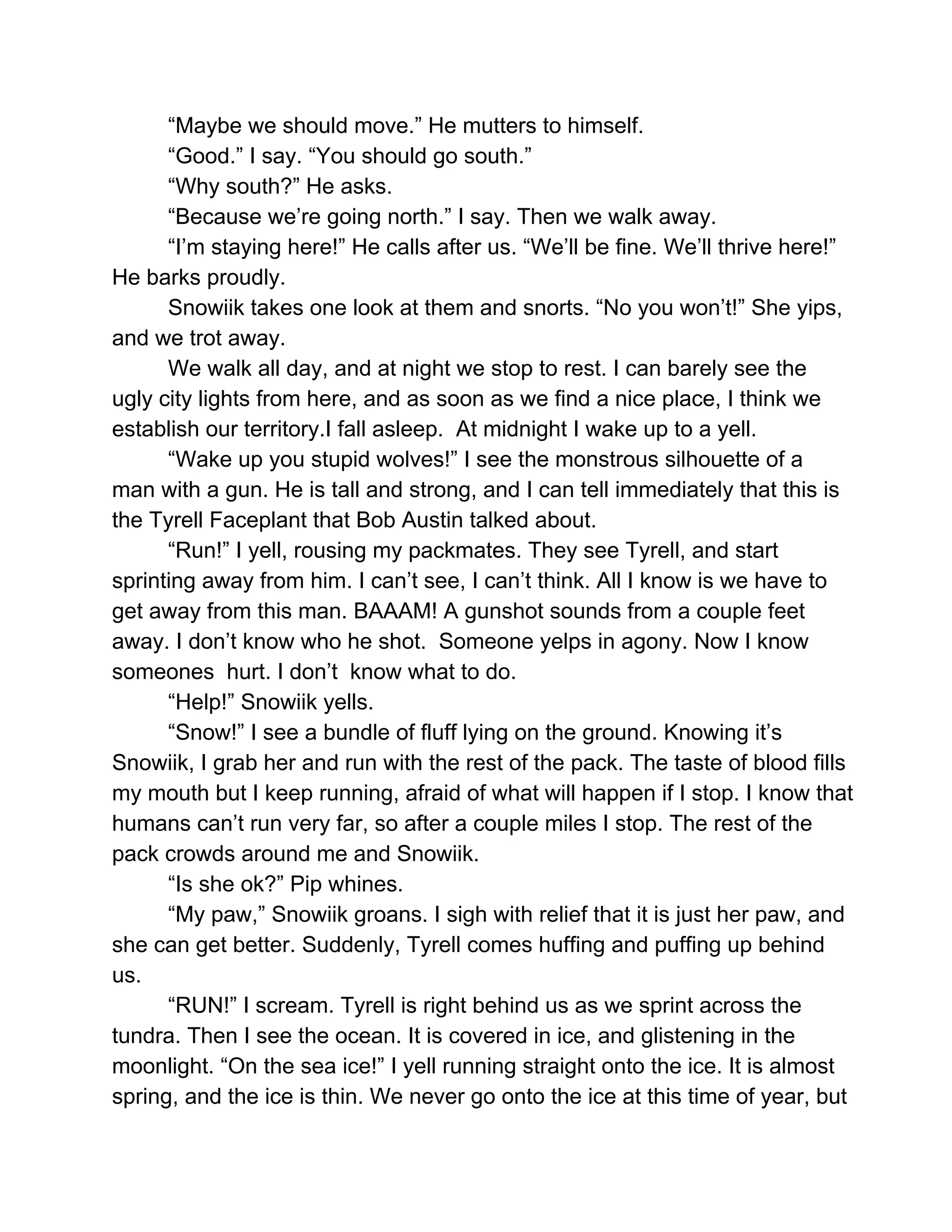 “Maybe we should move.” He mutters to himself. 
“Good.” I say. “You should go south.”  
“Why south?” He asks. 
“Because we’re going north.” I say. Then we walk away. 
“I’m staying here!” He calls after us. “We’ll be fine. We’ll thrive here!” 
He barks proudly.  
Snowiik takes one look at them and snorts. “No you won’t!” She yips, 
and we trot away. 
We walk all day, and at night we stop to rest. I can barely see the 
ugly city lights from here, and as soon as we find a nice place, I think we 
establish our territory.I fall asleep.  At midnight I wake up to a yell. 
“Wake up you stupid wolves!” I see the monstrous silhouette of a 
man with a gun. He is tall and strong, and I can tell immediately that this is 
the Tyrell Faceplant that Bob Austin talked about. 
“Run!” I yell, rousing my packmates. They see Tyrell, and start 
sprinting away from him. I can’t see, I can’t think. All I know is we have to 
get away from this man. BAAAM! A gunshot sounds from a couple feet 
away. I don’t know who he shot.  Someone yelps in agony. Now I know 
someones  hurt. I don’t  know what to do. 
“Help!” Snowiik yells. 
“Snow!” I see a bundle of fluff lying on the ground. Knowing it’s 
Snowiik, I grab her and run with the rest of the pack. The taste of blood fills 
my mouth but I keep running, afraid of what will happen if I stop. I know that 
humans can’t run very far, so after a couple miles I stop. The rest of the 
pack crowds around me and Snowiik. 
“Is she ok?” Pip whines. 
“My paw,” Snowiik groans. I sigh with relief that it is just her paw, and 
she can get better. Suddenly, Tyrell comes huffing and puffing up behind 
us.  
“RUN!” I scream. Tyrell is right behind us as we sprint across the 
tundra. Then I see the ocean. It is covered in ice, and glistening in the 
moonlight. “On the sea ice!” I yell running straight onto the ice. It is almost 
spring, and the ice is thin. We never go onto the ice at this time of year, but 
 