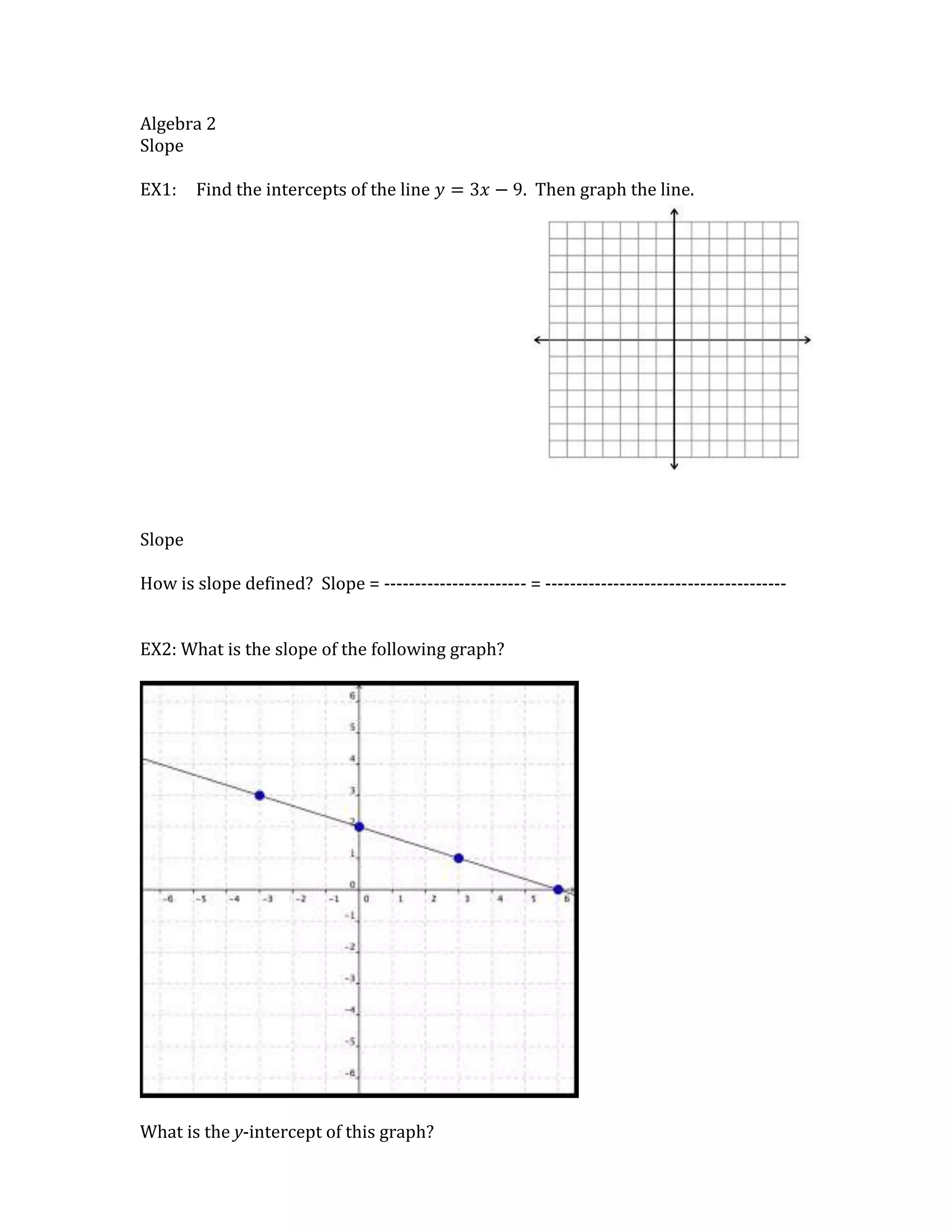 Algebra 2<br />Slope<br />EX1:Find the intercepts of the line y=3x-9. Then graph the line. <br />32004004191000<br />Slope<br />How is slope defined? Slope = ----------------------- = ---------------------------------------<br />EX2: What is the slope of the following graph?<br />What is the y-intercept of this graph?<br />EX3:What is the slope of the line going through the ordered pairs (4, 2) and (-3, 16)?<br />The most common form for a linear equation is called __________________________________.<br />The equation for this form is: ________________________________<br />x represents the _________________________