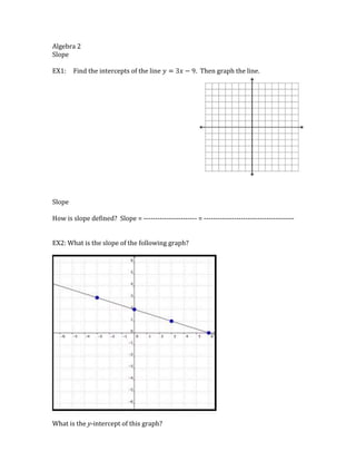 Algebra 2<br />Slope<br />EX1:Find the intercepts of the line y=3x-9.  Then graph the line. <br />32004004191000<br />Slope<br />How is slope defined?  Slope = ----------------------- = ---------------------------------------<br />EX2: What is the slope of the following graph?<br />What is the y-intercept of this graph?<br />EX3:What is the slope of the line going through the ordered pairs (4, 2) and (-3, 16)?<br />The most common form for a linear equation is called __________________________________.<br />The equation for this form is: ________________________________<br />,[object Object]