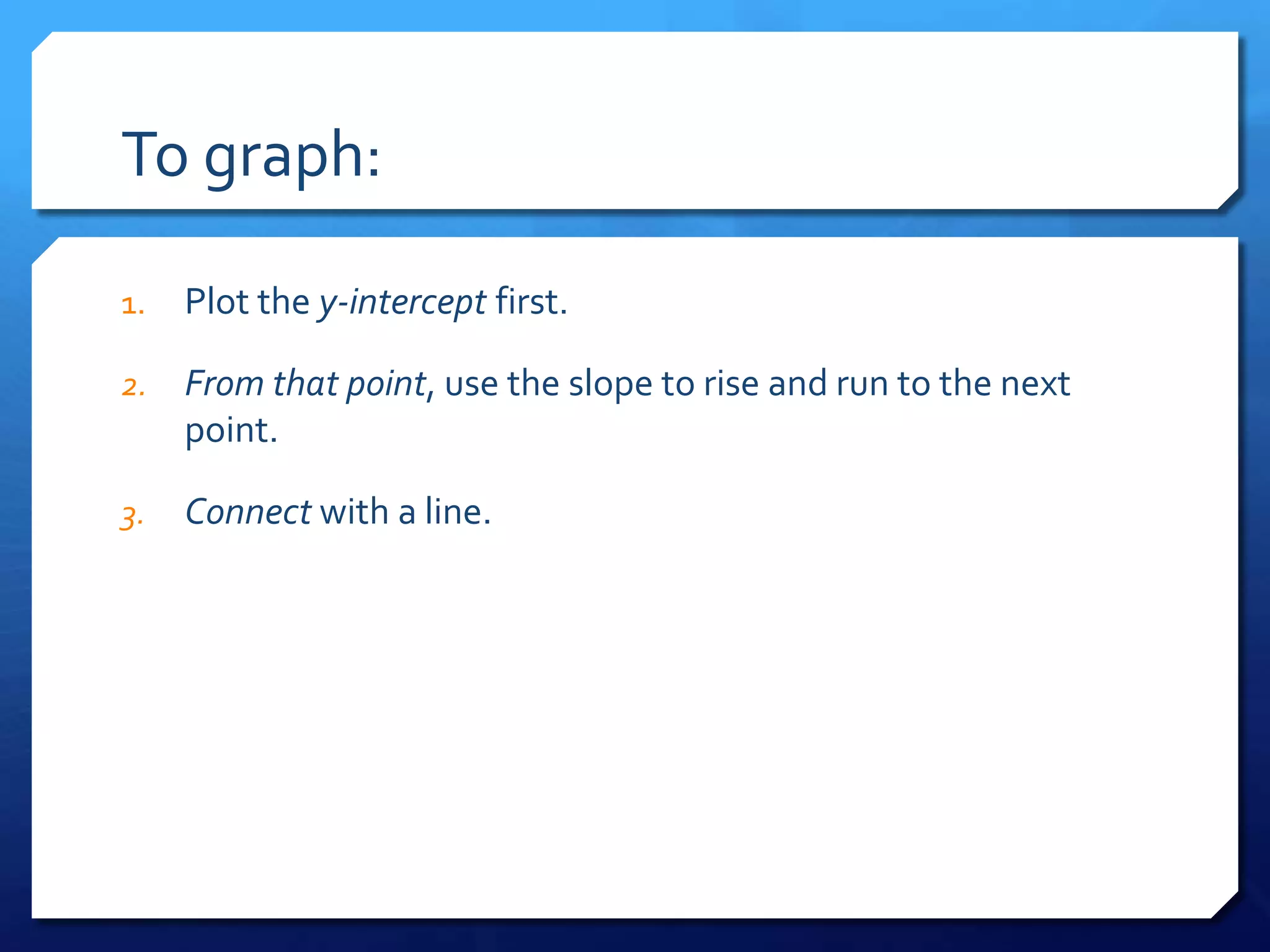 To graph:Plot the y-intercept first.From that point, use the slope to rise and run to the next point.Connect with a line.