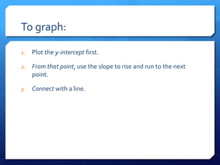 To graph:Plot the y-intercept first.From that point, use the slope to rise and run to the next point.Connect with a line.