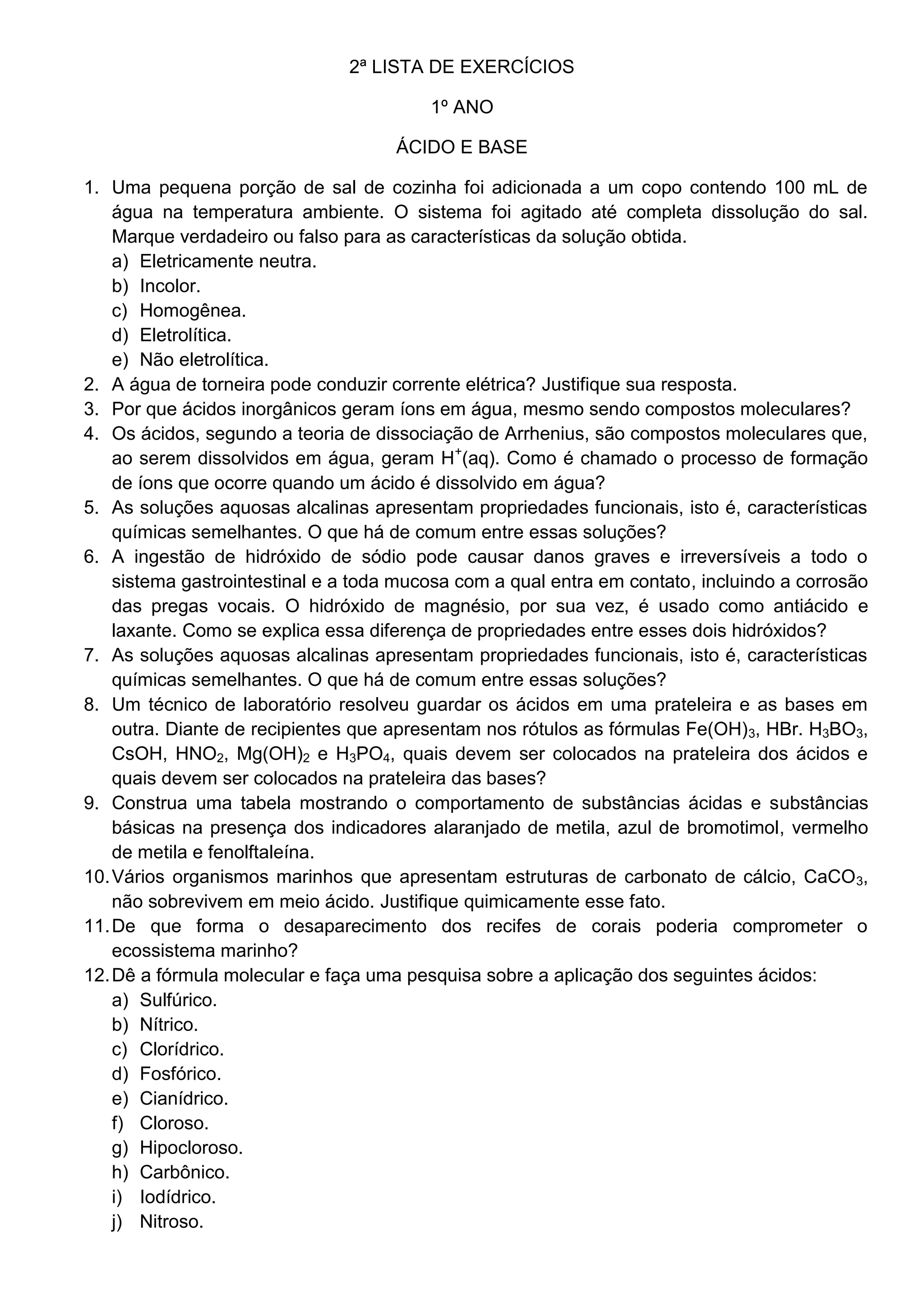 Exercício Sobre ácidos E Bases - BINKEDU