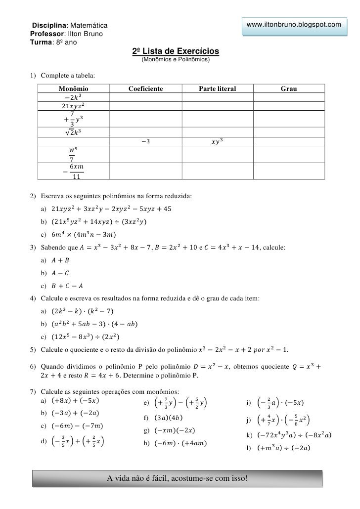2ª lista de exerc(monomios e polinômios) 8º ano ilton bruno