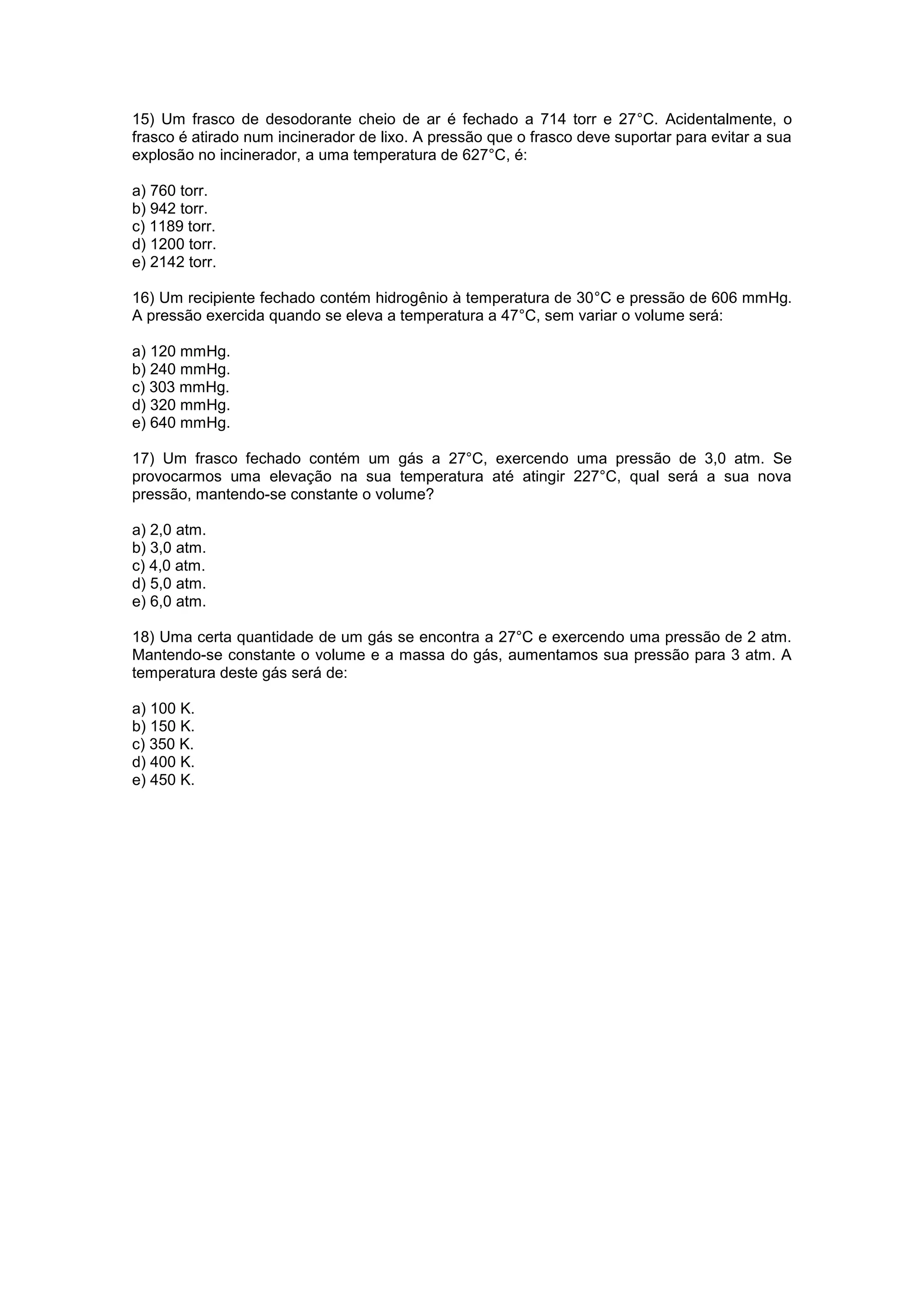 2° lista de química dos gases | PDF