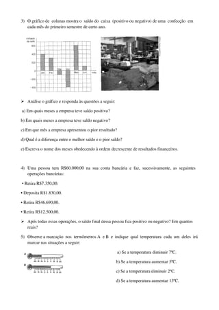 3) O gráfico de colunas mostra o saldo do caixa (positivo ou negativo) de uma confecção em
   cada mês do primeiro semestre de certo ano.




   Análise o gráfico e responda às questões a seguir:

a) Em quais meses a empresa teve saldo positivo?

b) Em quais meses a empresa teve saldo negativo?

c) Em que mês a empresa apresentou o pior resultado?

d) Qual é a diferença entre o melhor saldo e o pior saldo?

e) Escreva o nome dos meses obedecendo à ordem decrescente de resultados financeiros.



4) Uma pessoa tem R$60.000,00 na sua conta bancária e faz, sucessivamente, as seguintes
   operações bancárias:

• Retira R$7.350,00.

• Deposita R$1.830,00.

• Retira R$46.690,00.

• Retira R$12.500,00.

   Após todas essas operações, o saldo final dessa pessoa fica positivo ou negativo? Em quantos
   reais?

5) Observe a marcação nos termômetros A e B e indique qual temperatura cada um deles irá
   marcar nas situações a seguir:

                                                        a) Se a temperatura diminuir 7ºC.

                                                        b) Se a temperatura aumentar 5ºC.

                                                        c) Se a temperatura diminuir 2ºC.

                                                        d) Se a temperatura aumentar 13ºC.
 