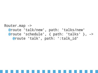Router.map ->
@route 'talk/new', path: 'talks/new'
@route 'schedule', { path: 'talks' }, ->
@route 'talk', path: ':talk_id'
 