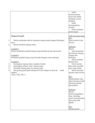 boleh
menyenaraikan
kesan dan akibat
terhadap sesuatu
tindakan
boleh
menjangkakan
sesuatu
boleh membuat
perancangan
Ekspresi kreatif
1. Murid melakukan aktiviti membuat topeng muka dengan bimbingan
guru.
2. Murid membuat topeng muka.
Langkah 1
Murid melakarkan gambar bunga yang bermuka di atas kad manila.
Langkah 2
Warnakan gambar bunga yang bermuka dengan warna sekunder.
Langkah 3
1. Guntingkan topeng muka mengikut bentuk.
2. Guntingkan lubang ‘mata’ topeng muka.
3. Menebuk lubang pada sisi topeng muka.
4. Ikat gelung getah pada lubang kecil dan selepas itu ikat tali untuk
dipakai.
(EK1, EK2, EK3 )
EMK Keusahawanan
EK1
Daya kreativiti dan
inovasi
Indikator
Murid…
suka memerhati
persekitaran dengan
sengaja dan
bertujuan
boleh memberi
banyak idea
boleh menilai
idea untuk memilih
idea yang terbaik
boleh mencipta/
mereka cipta sesuatu
EK2
Malaksanakan idea
dalam bentuk produk
teknologi abstrak
atau konkrit
Indikator
Murid…
boleh mengaplikasi
ilmu/ teknologi
untuk merealisasikan
idea yang telah
dipilih
EK3
Melaksanakan
 