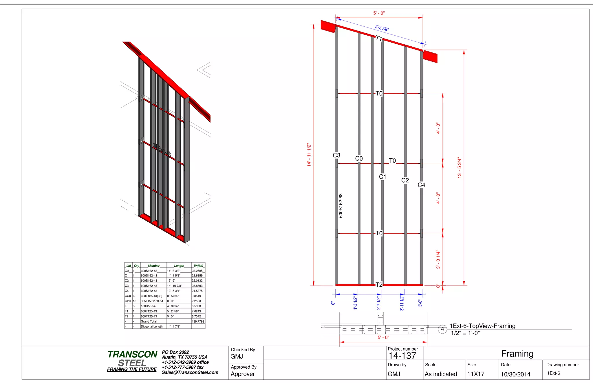 0"3'-01/4"4'-0"4'-0"
5' - 0"
14'-111/2"
13'-53/4"
T1
T2
C3
T0
T0
T0
C0
C1
C2
C4
5'-2 7/8"
0"
1'-31/2"
2'-71/2"
3'-111/2"
5'-0"
600S162-68
Lbl Qty Member Length W(lbs)
C0 1 600S162-43 14' 6 3/8" 23.2585
C1 1 600S162-43 14' 1 5/8" 22.6359
C2 1 600S162-43 13' 9" 22.0132
C3 1 600S162-43 14' 10 7/8" 23.8593
C4 1 600S162-43 13' 5 3/4" 21.5875
CC0 6 600T125-43(33) 0' 5 3/4" 3.8549
CP0 15 325L150x150-54 0' 0" 2.2523
T0 3 150U50-54 4' 8 3/4" 6.5898
T1 1 600T125-43 5' 2 7/8" 7.0243
T2 1 600T125-43 5' 0" 6.7042
- - Grand Total: 139.7799
- - Diagonal Length: 14' 4 7/8"
5' - 0"
Scale
Project number
DateDrawn by Size
11X17
TRANSCON
Drawing number
Checked By
STEEL
FRAMING THE FUTURE
PO Box 2892
Austin, TX 78755 USA
+1-512-642-3989 office
+1-512-777-5987 fax
Sales@TransconSteel.com
Approved By
As indicated 1Ext-6
Framing14-137
10/30/2014GMJ
GMJ
Approver
1/2" = 1'-0"
4
1Ext-6-TopView-Framing
 