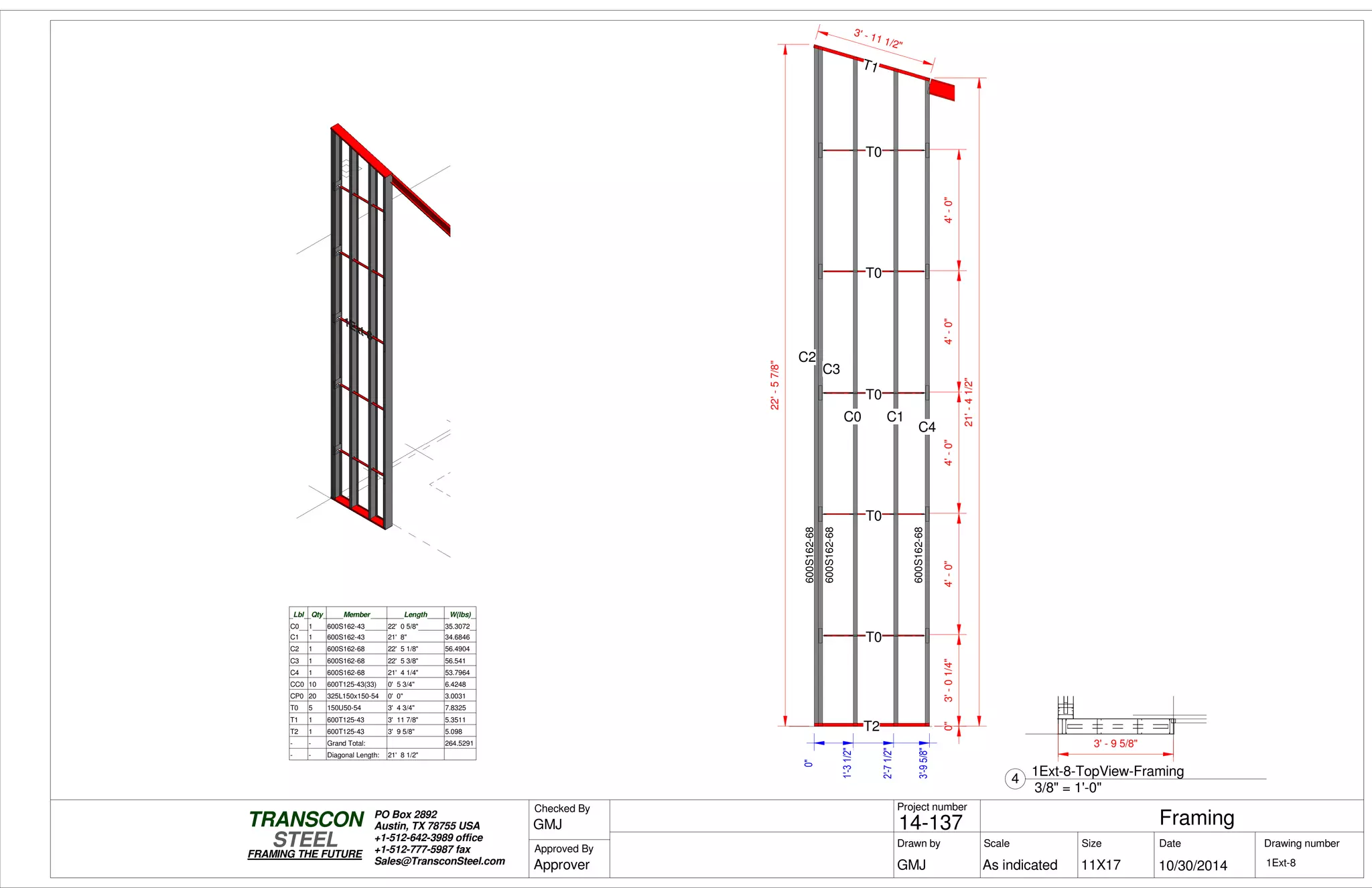 0"3'-01/4"4'-0"4'-0"4'-0"4'-0"
T1
T2
C2
C3
T0
T0
T0
T0
T0
C1
C4
C0
21'-41/2"
3' - 11 1/2"
22'-57/8"
0"
1'-31/2"
2'-71/2"
3'-95/8"600S162-68
600S162-68
600S162-68
Lbl Qty Member Length W(lbs)
C0 1 600S162-43 22' 0 5/8" 35.3072
C1 1 600S162-43 21' 8" 34.6846
C2 1 600S162-68 22' 5 1/8" 56.4904
C3 1 600S162-68 22' 5 3/8" 56.541
C4 1 600S162-68 21' 4 1/4" 53.7964
CC0 10 600T125-43(33) 0' 5 3/4" 6.4248
CP0 20 325L150x150-54 0' 0" 3.0031
T0 5 150U50-54 3' 4 3/4" 7.8325
T1 1 600T125-43 3' 11 7/8" 5.3511
T2 1 600T125-43 3' 9 5/8" 5.098
- - Grand Total: 264.5291
- - Diagonal Length: 21' 8 1/2"
3' - 9 5/8"
Scale
Project number
DateDrawn by Size
11X17
TRANSCON
Drawing number
Checked By
STEEL
FRAMING THE FUTURE
PO Box 2892
Austin, TX 78755 USA
+1-512-642-3989 office
+1-512-777-5987 fax
Sales@TransconSteel.com
Approved By
As indicated 1Ext-8
Framing14-137
10/30/2014GMJ
GMJ
Approver
3/8" = 1'-0"
4
1Ext-8-TopView-Framing
 